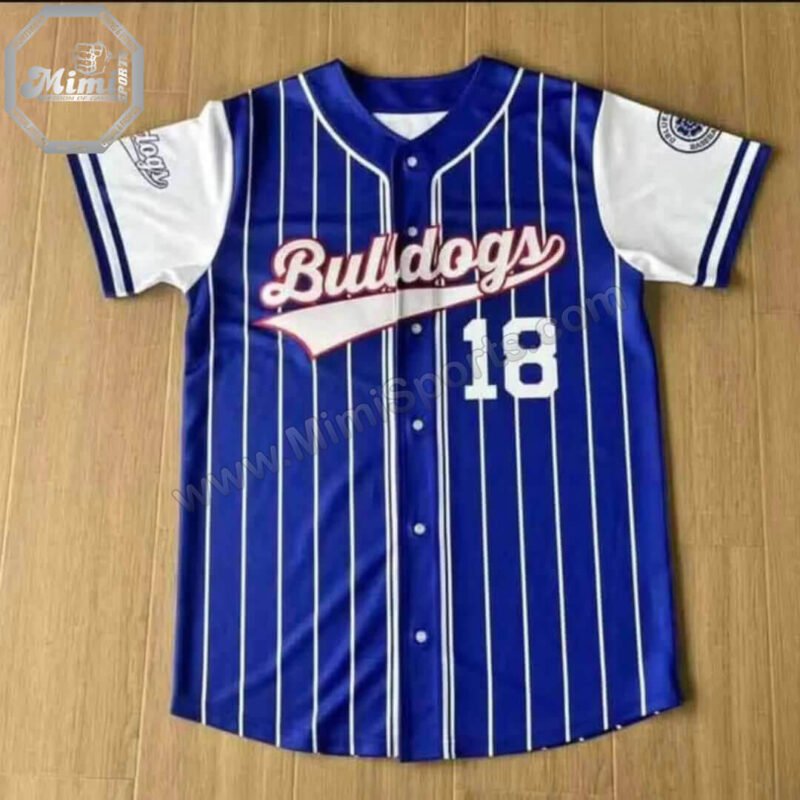 Custom blue and white button-up baseball jersey for adult and youth teams featuring a professional pro-fit athletic design.