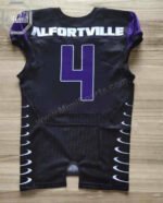 Close-up of moisture-wicking fabric and reinforced stitching on a custom made Miami game style youth and adult jersey.