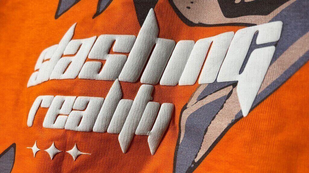 Puff printing results by Mimi Sports USA showing raised 3D ink quality on custom apparel for streetwear and sportswear brands