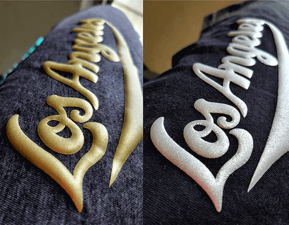 Metallic puff printing by MimiSports USA with shiny raised 3D ink for custom hoodies, streetwear and sportswear brands in the USA