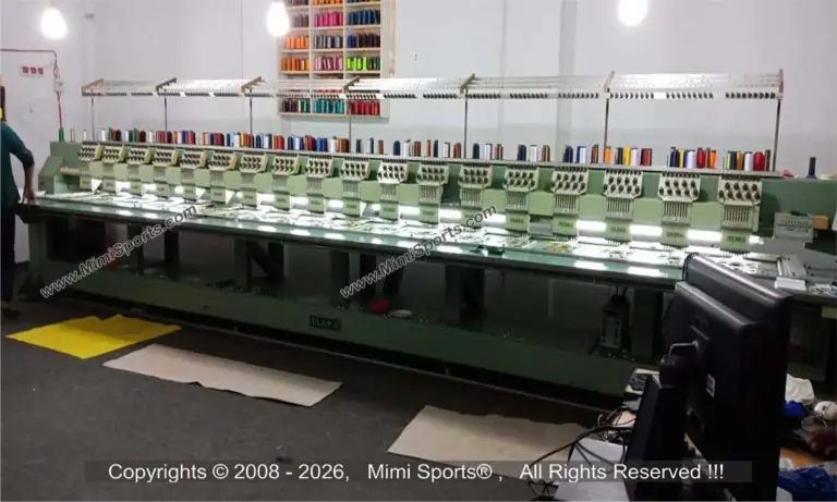 High-density custom embroidery on a performance polo shirt showing 3D puff stitching and fine detail by MimiSports USA.