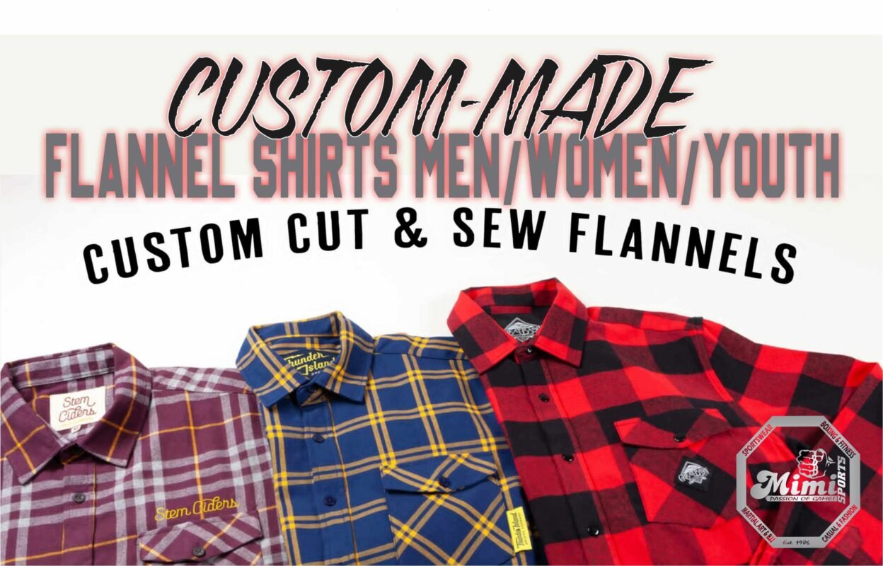 MimiSports USA custom flannel shirts in classic plaid patterns featuring 3D puff embroidery and heavy-duty brushed cotton. Manufactured by a United States-based supplier.