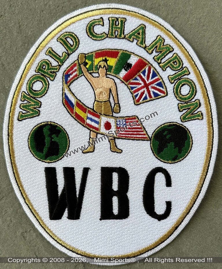 MimiSports USA WBC-style embroidery patch featuring premium metallic gold thread for championship boxing robes.