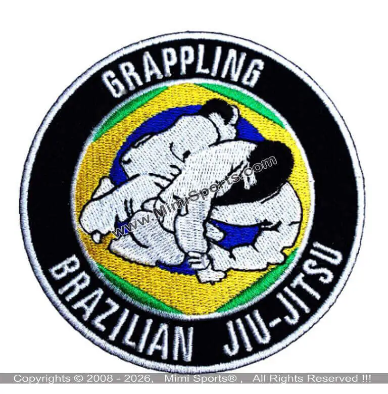 MimiSports USA high-density grappling embroidery patches with reinforced borders for professional BJJ team gi uniforms.