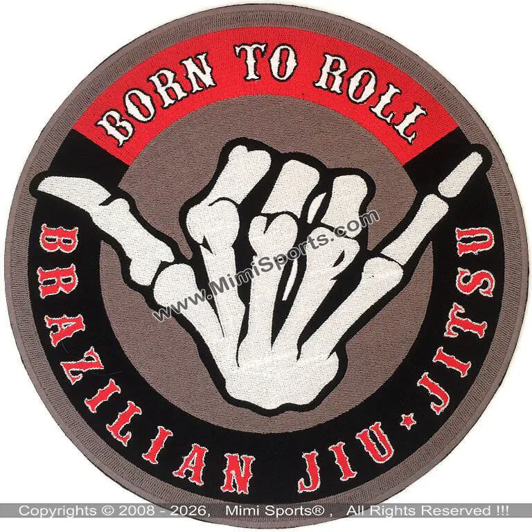MimiSports USA "Born to Roll" BJJ embroidery patches featuring high-density red and white stitching for Jiu-Jitsu gis.