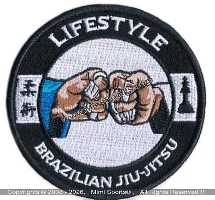 MimiSports USA custom BJJ lifestyle embroidery patches featuring intricate academy logos for hoodies and streetwear.