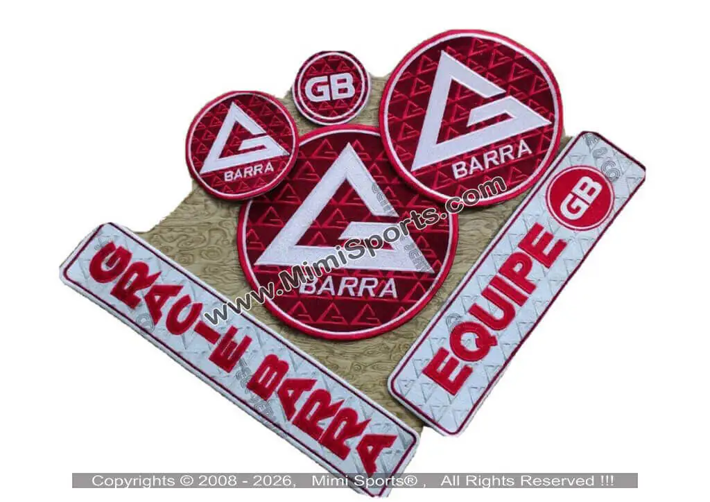 MimiSports USA Equipe GB embroidery patches featuring the iconic red shield for Gracie Barra Jiu-Jitsu gi uniforms.