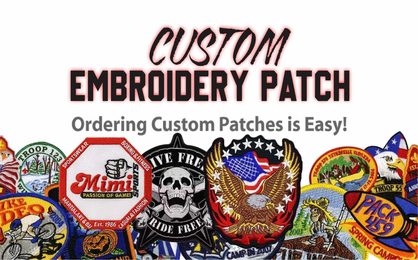 High-definition close-up of custom embroidered patches featuring 3D puff stitching and chenille textures by MimiSports USA.