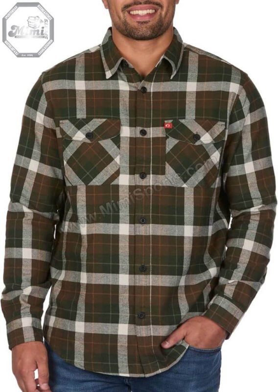 Technical view of MimiSports USA flannel showing a high-stitch-count embroidery logo for a premium 3D brand finish.