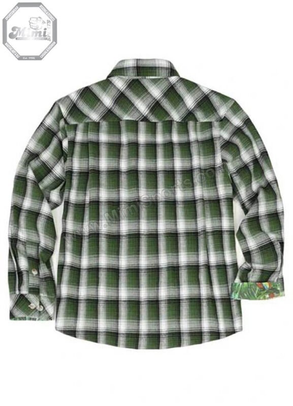 Technical view of MimiSports USA flannel showing a high-stitch-count embroidery logo for a premium 3D brand finish.