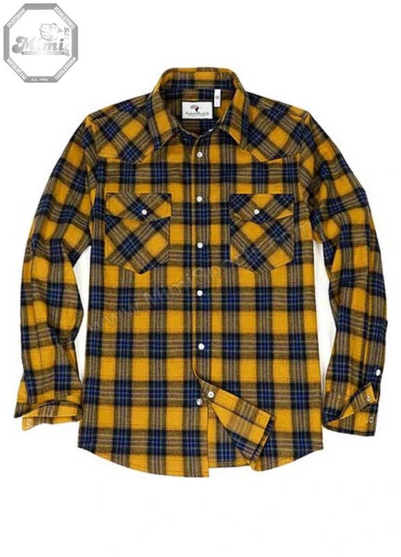 MimiSports USA custom yellow, black, and navy grid flannel shirt featuring premium heavyweight cotton and an Oakland fit.