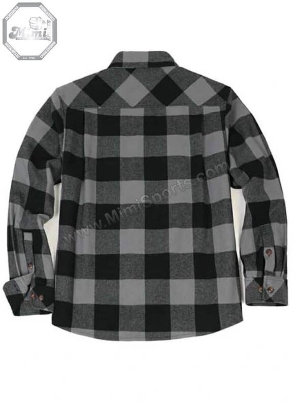 Technical view of MimiSports USA flannel showing a high-stitch-count embroidery logo for a premium 3D brand finish.