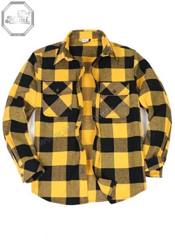 MimiSports USA custom yellow and black grid flannel shirt featuring premium heavy-weight cotton and a modern Miami urban fit.