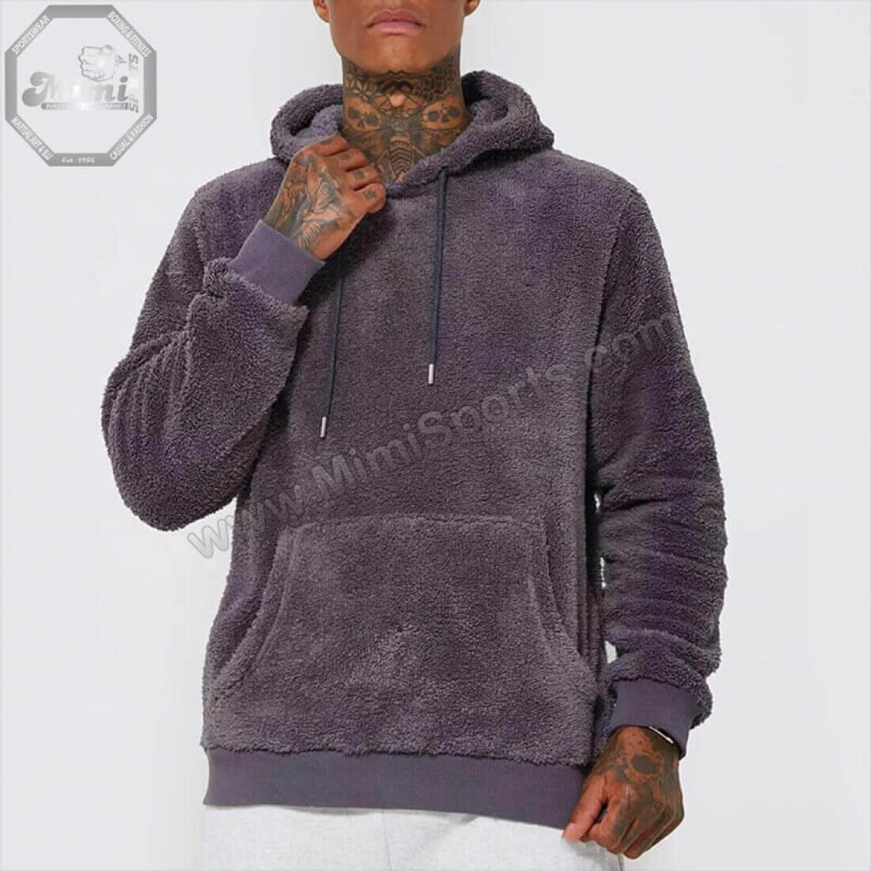 MimiSports USA custom dark grey sherpa hoodie featuring ultra-soft high-pile fleece and a modern San Francisco urban fit.