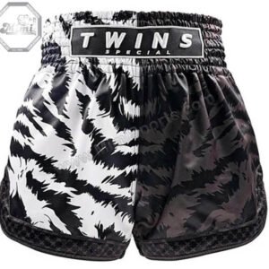 Custom Muay Thai Shorts MimiSports USA – Black & White Tiger Stripe Twins Special | Los Angeles