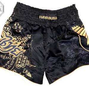 Custom MMA Muay Thai Shorts MimiSports USA – Black Satin with White Emblems & Gold Accents | Miami