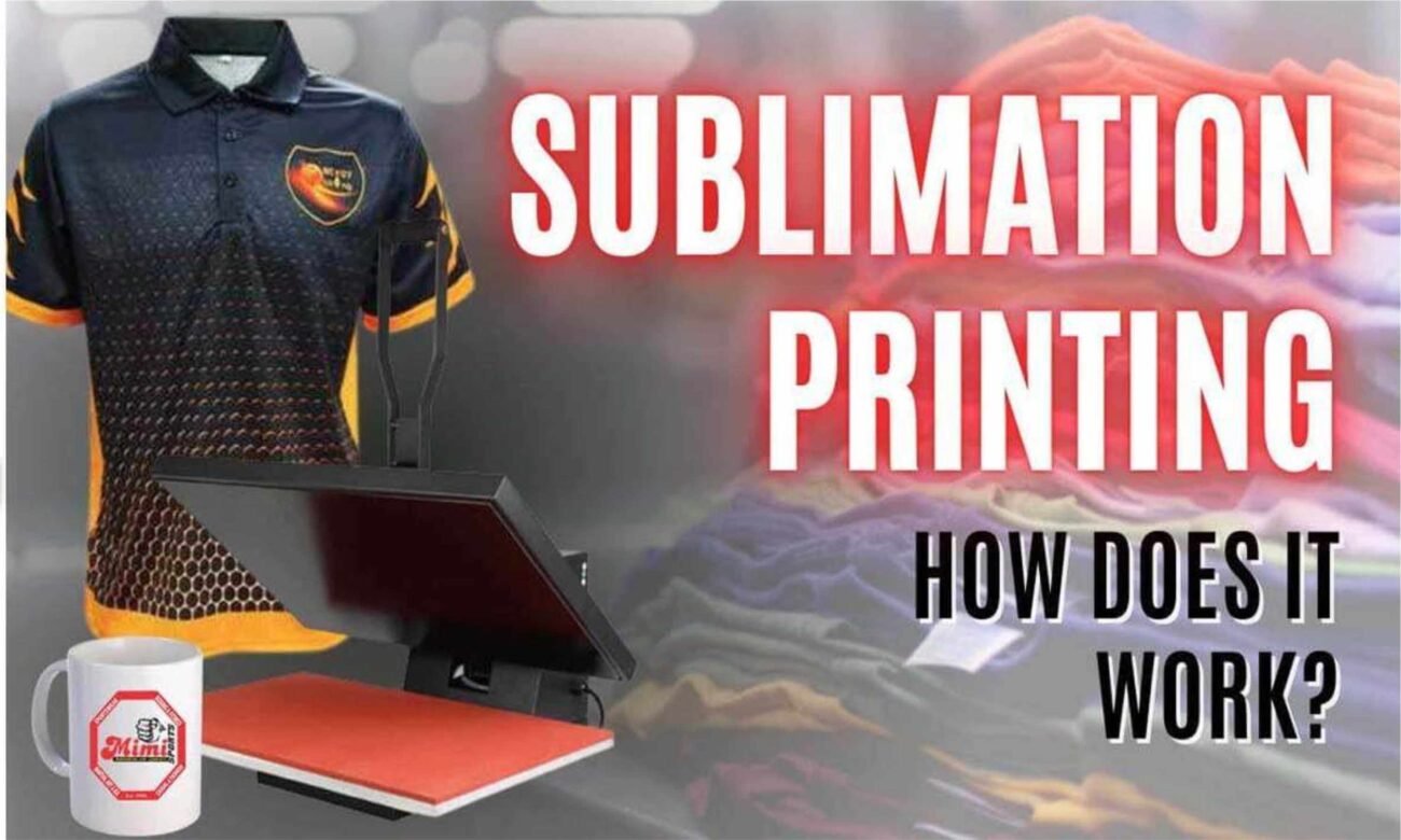 Step-by-step diagram of the dye-sublimation printing process on polyester performance fabric by MimiSports USA.