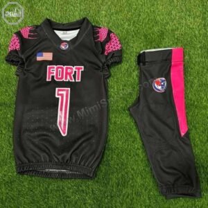 Front view of a custom American football jersey by MimiSports USA, featuring professional sublimation, V-neck design, and reinforced stitching for adult and youth players.