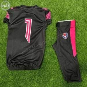 Back view of a custom MimiSports USA American football uniform showing large sublimated player numbers and room for personalized nameplates in adult and youth sizes.